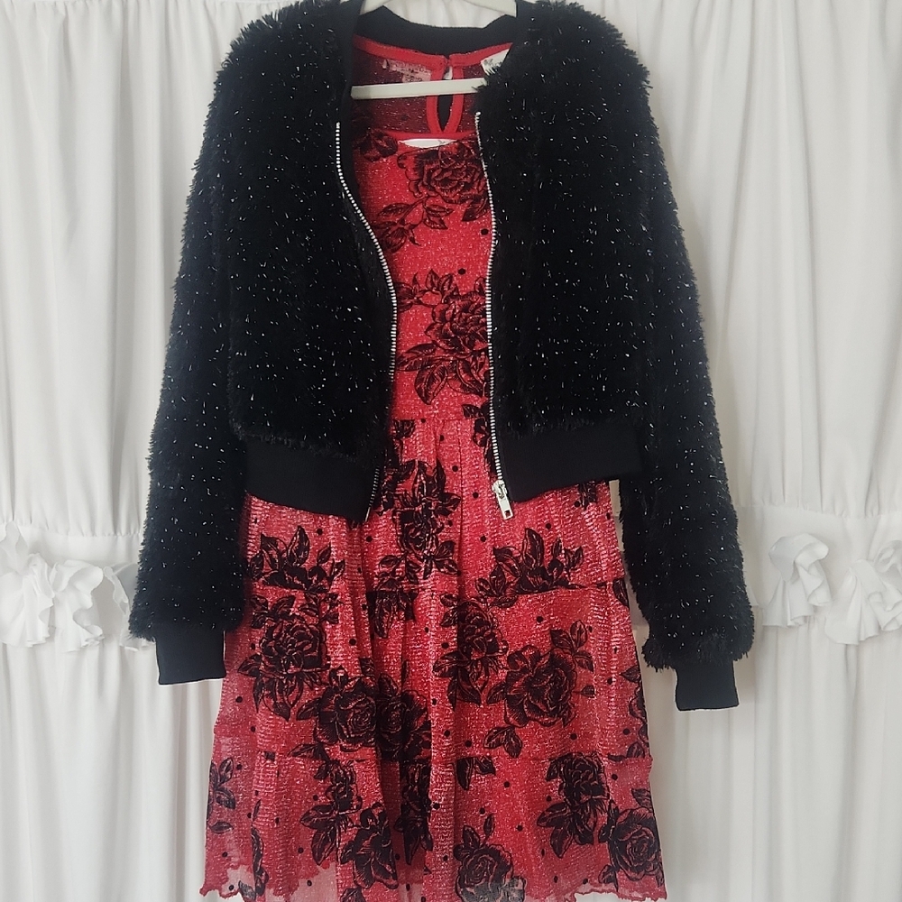 Knitworks, Girls, 7. Black And Red Dress, Roses, Faux Fur Jacket Included